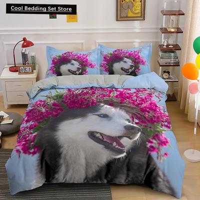 Husky Köpek Yatak Takımı King Queen Boyut Komik Evcil Hayvan Yavru Çocuk Erkek Kız Çocuklar İçin Sevimli Hayvan 2/3 parça Polyester Yorgan Kılıfı