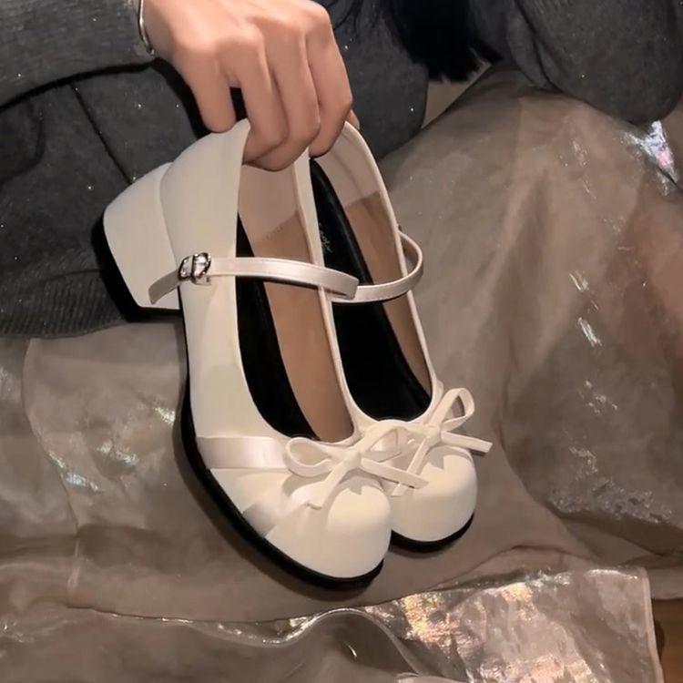 French white thick heel Mary Jane shoes women's 2025 new spring versatile bow fairy style light mouth single shoes