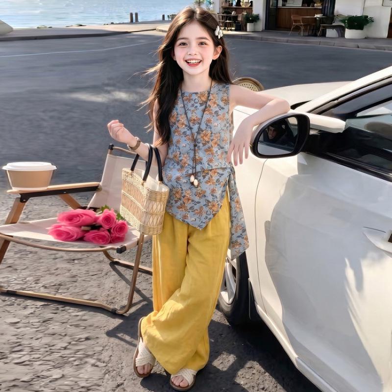 Mädchen-Tanktop mit Blumenmuster, ärmellos, und Hose mit weitem Bein, Set (Sommer 2026) - Stylisches zweiteiliges Set für ältere Kinder