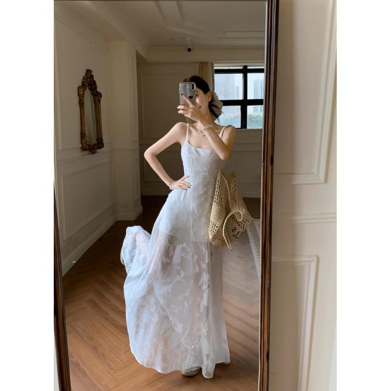 Lace Splicing Waist Thin Suspender Dress Summer Seaside Vacation Long Skirt