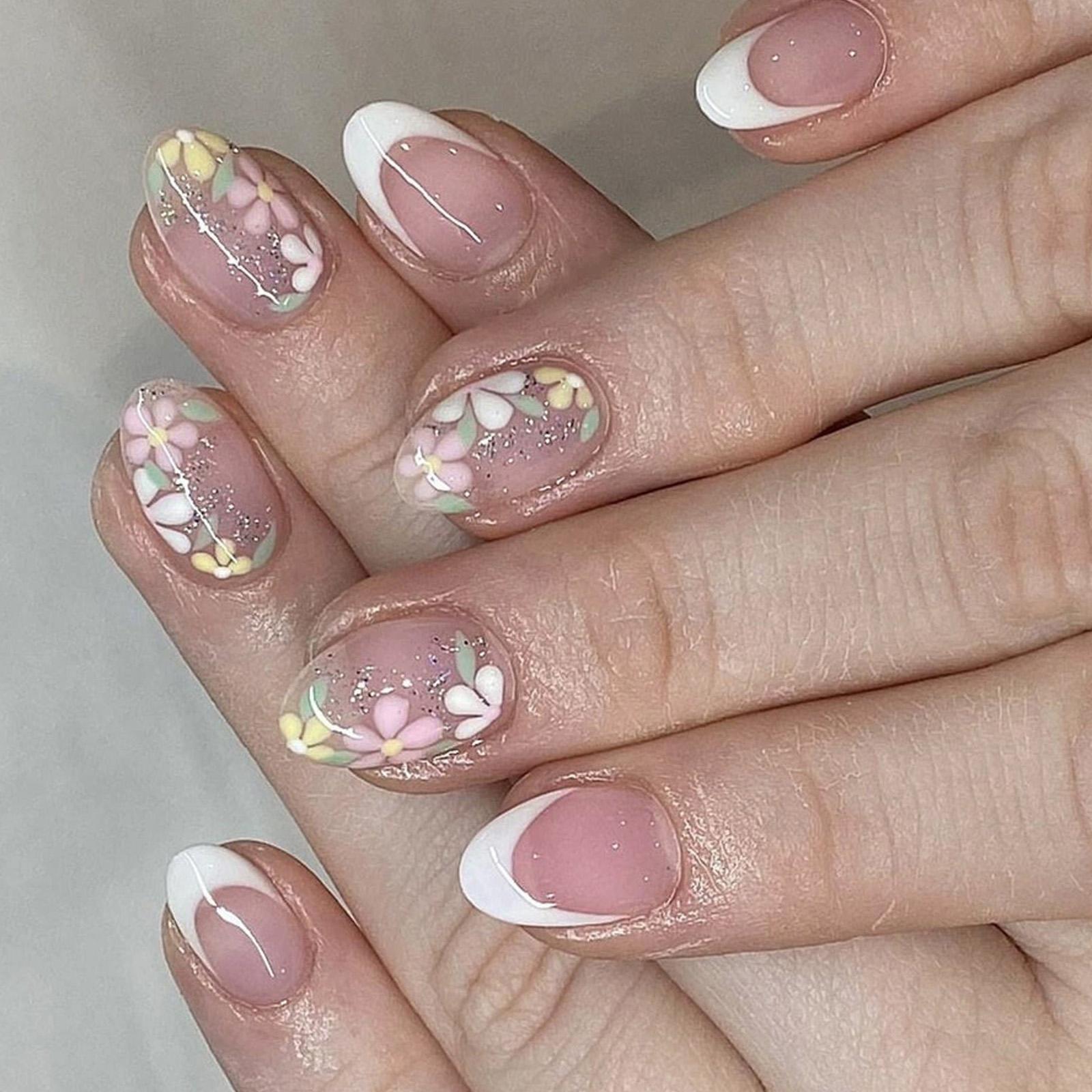 

24 шт. Накладные ногти с цветами, французские ногти-балерины, акриловые ногти с блестками, дизайн, накладные ногти, клейкие ногти для женщин