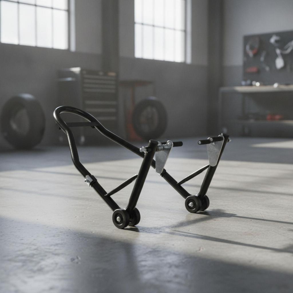 HeavyDuty Motorcycle Front Wheel Stand | Sturdy Tubular Iron Frame, Secure Clamp, Support