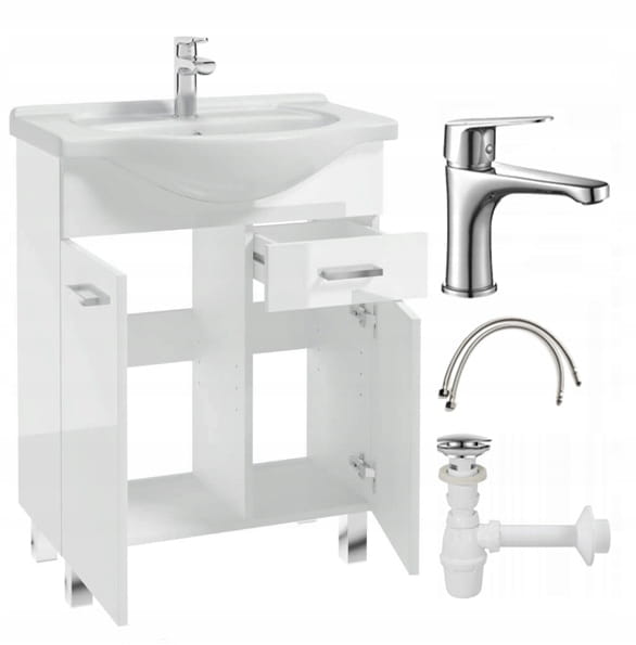 Bathroom cabinet with a washbasin on legs 85x55, standing white Mea with an elongated chrome tap