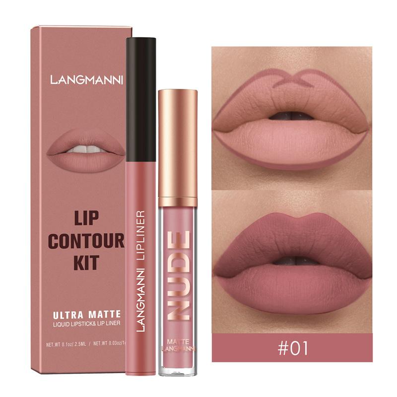 2-teilige Kombination aus Lippenkonturenstift und Lipgloss, wasserfest, langanhaltend, samtig, nackt, sexy, nicht klebender, matter Lippenstift, Lippenkonturenstift