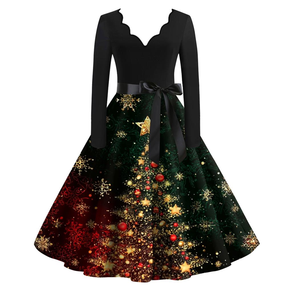 Damen Lässig Und Modisch V-Ausschnitt Langärmlig Weihnachten Bedrucktes Kleid