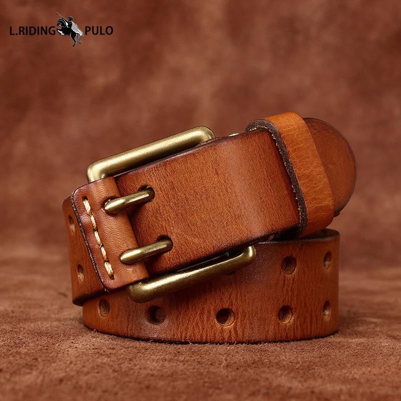 Men's Leather Belt Double Pin Buckle Top Layer Cowhide Retro Youth Copper Buckle Belt