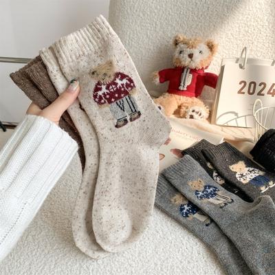 Thick Wool Mid-calf Socks for Autumn and Winter, Retro Dot Yarn, Fluffy Little Bear Long Socks, Warm and Cute Cartoon Trendy Socks