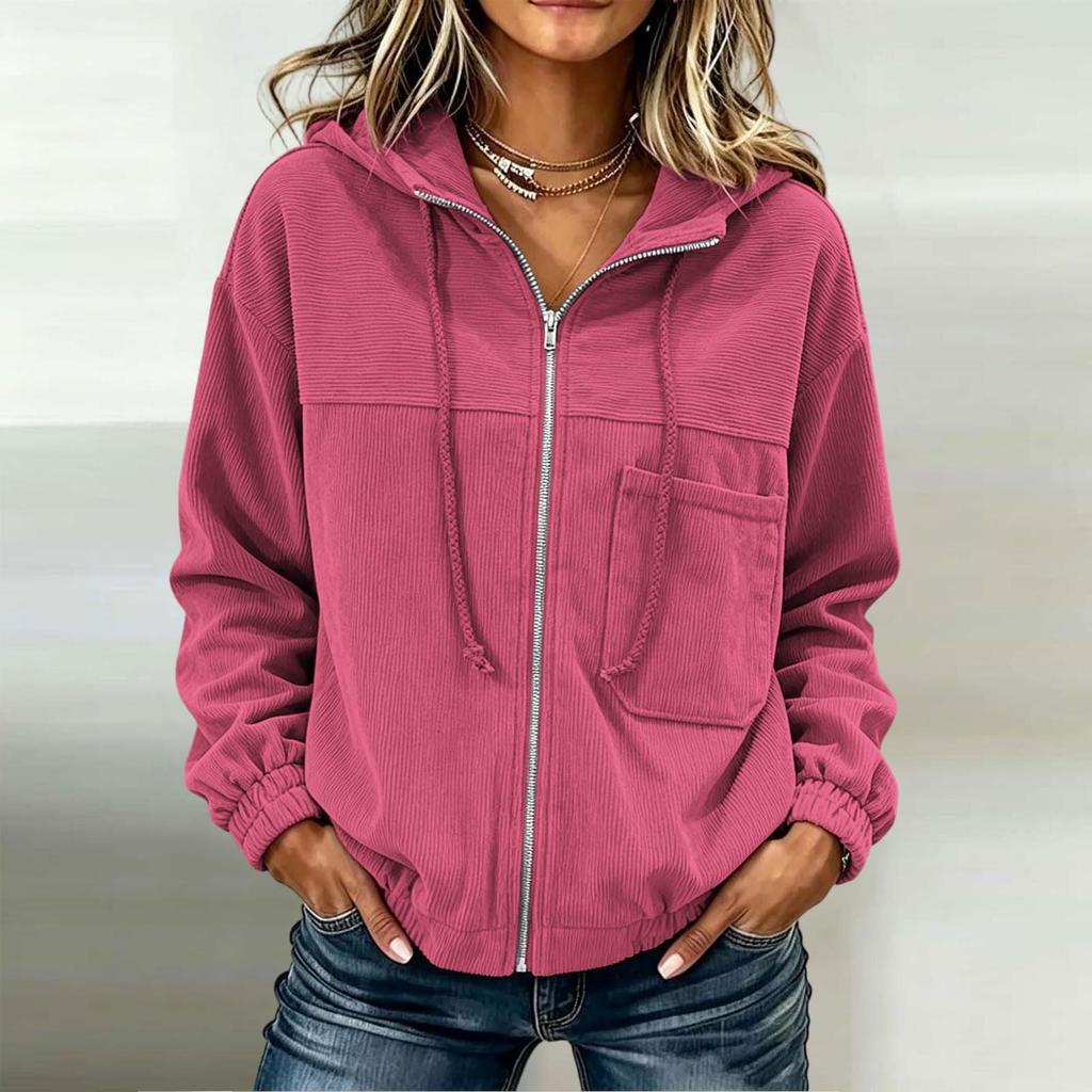 Giacca casual da donna con zip intera in velluto a coste con tasche per l'autunno