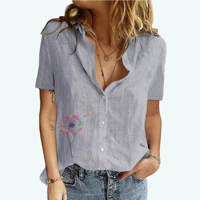 Damenmode Revers Hals Blusen Sommer Print Kurzarm T-Shirt Weibliche Baumwolle Leinen Strickjacke T-Shirt