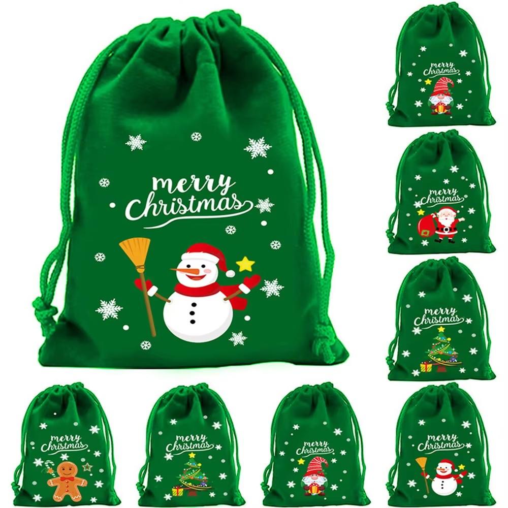 5Pcs Merry Christmas Velvet Bags Green/Red/Blue Drawstring Pouch Candy Gift Bag Jewelry Packaging Bags Xmas New Year Supplies