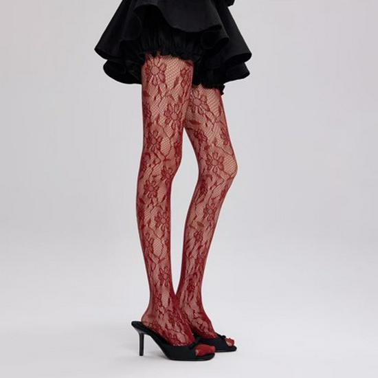 Sexy Retro Květinové Síťované Punčochy s Vinnou Rézou - Průhledné Krajkové Punčochové Kalhoty