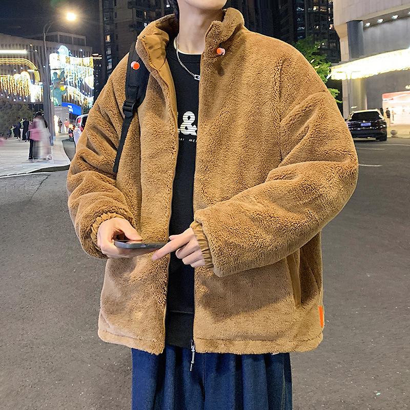 Neuer Wintermantel aus Lammsamt-Baumwolle für Herren, lockere und trendige Jacke im Hongkong-Stil, Baumwollmantel mit Stehkragen und Kordelzug für Herren