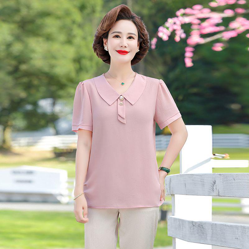 Mom's Stylish Summer Two-Piece Set: Chiffon Top & Short Sleeve T-Shirt for Middle-Aged Women