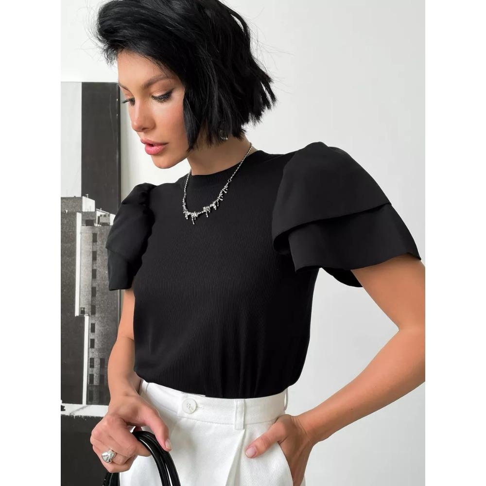 Splicing Chiffon Petal Short Sleeved Round Neck Women's T-shirt Slim Fit and Versatile Casual Top