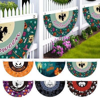 Fan-Shaped Halloween Banner 45x90cm Polyester Spooky Party Courtyard Fence Porch Ghost Pumpkin Banner Hang Halloween Flag Decorations