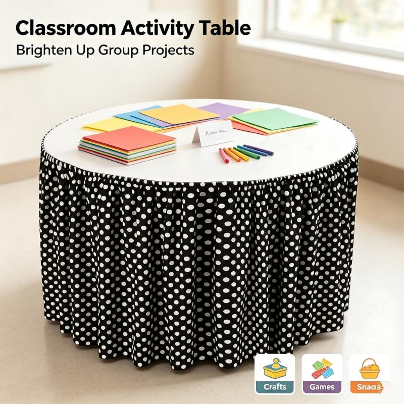 Display Table Cover Skirt in Polyester with Dot Print Styling for Family Gatherings, Party Tables, and Dessert Tables