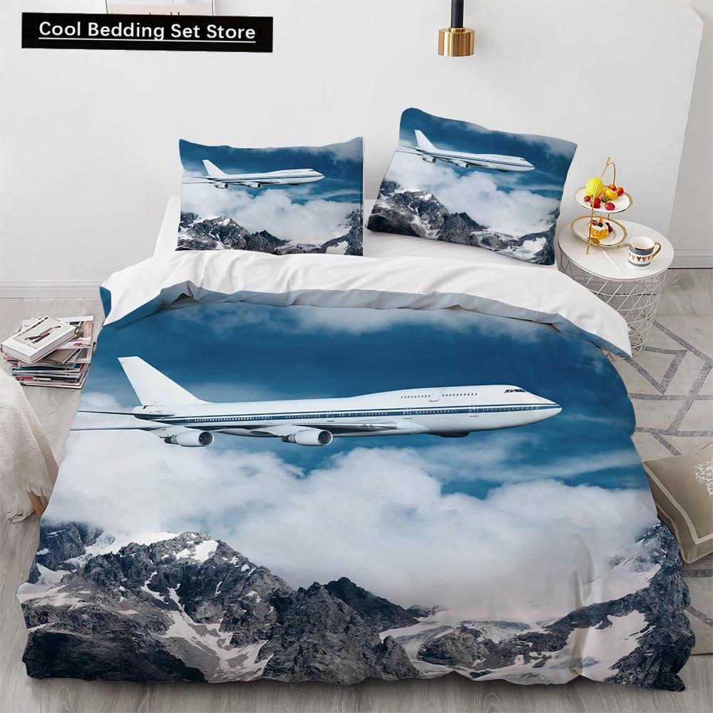 3D Airplane King Queen Duvet Cover Pink Airliner Bedding Set for Adults Sky Sea Natural Landscape 2/3pcs Polyester Quilt Cover
