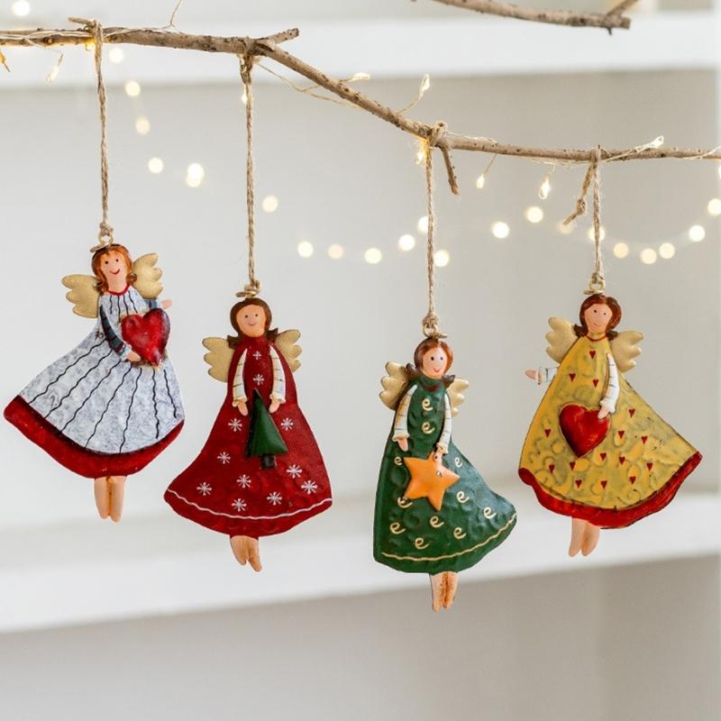 Pack of 4 Retro Iron Angel Girl Ornament Bucolic Christmas Decorations for Homes Holiday Party Hanging Decors