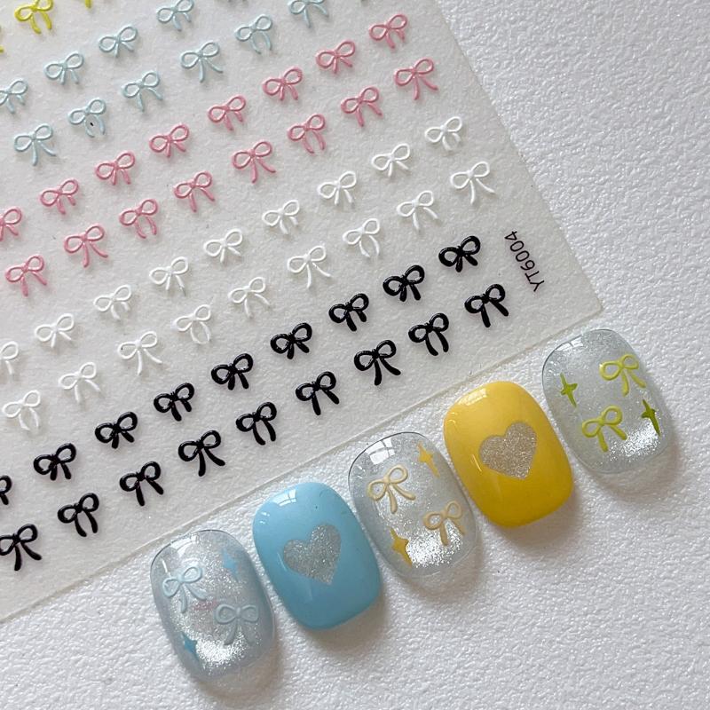 2Pcs 3D Embossed Bow Nail Stickers Multicolor Mini Bow Nail Art Decals Self Adhesive Manicure Decorations 2pcs