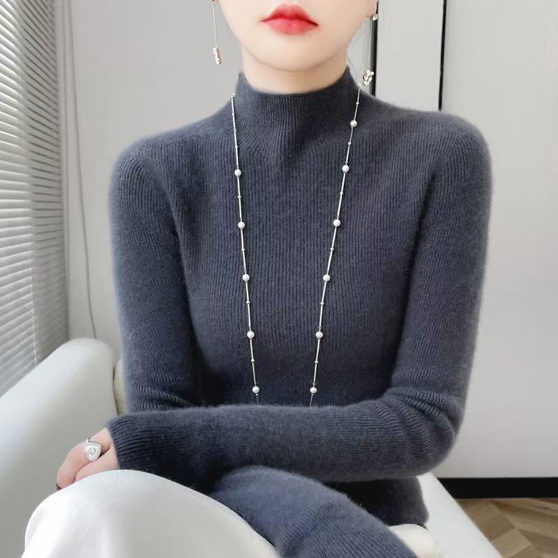 Women’s 2025 Autumn/Winter Pure Wool Sweater, Half-High Neck, Ribbed, Slim-Fit, Figure-Flattering with Cashmere Inner Layer