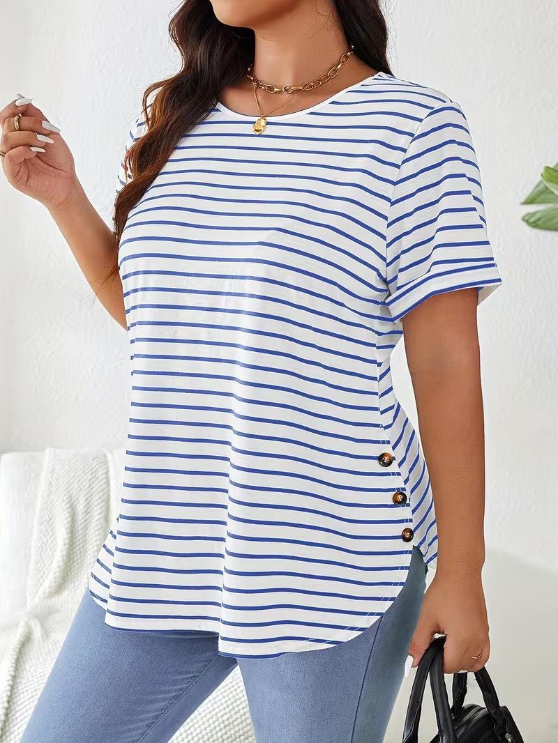 New Casual Striped Round Neck Short Sleeve Women s Top 4XL синий