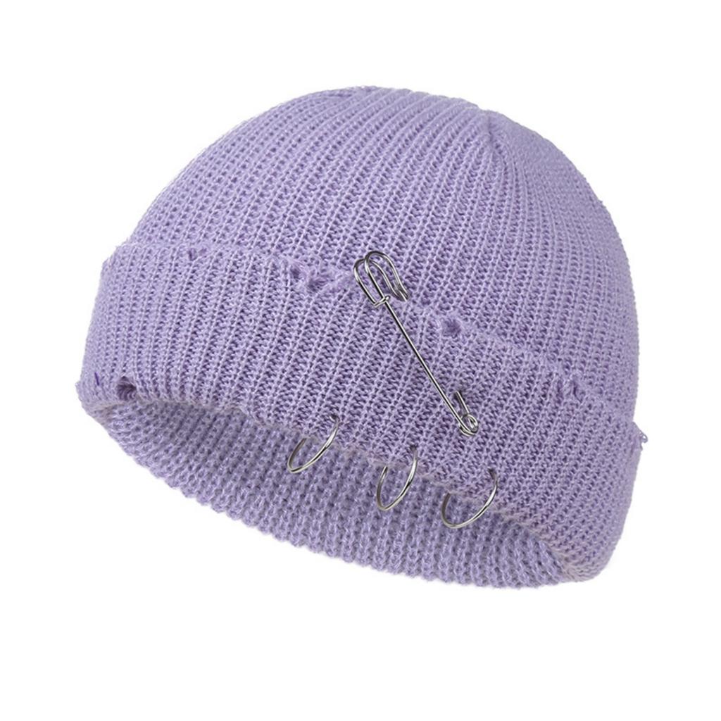 Fall And Winter Trendy Solid Color Safety Pin Iron Ring Knitted Wool Hat, Vintage Holey Pullover Wool Hat