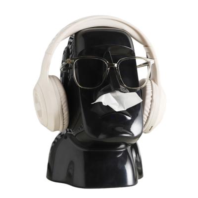 Creative Tissue Storage Box Stone Statue Space-Saving Paper Towel Container Face Shaped 3-in-1 Headphone Holder
