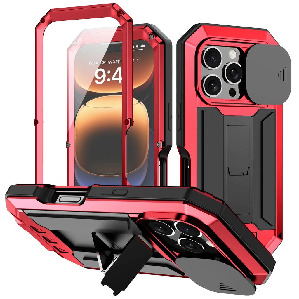 Armor Metal Phone Case for IPhone 17 16e 16 15 14 Plus 13 Pro Max Built-in Kickstand Screen Lens Protect Shockproof Guard Cover
