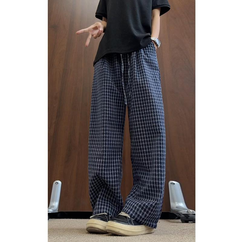 Summer new seersucker plaid casual pants thin breathable refreshing drape floor pants loose wide-leg long pants