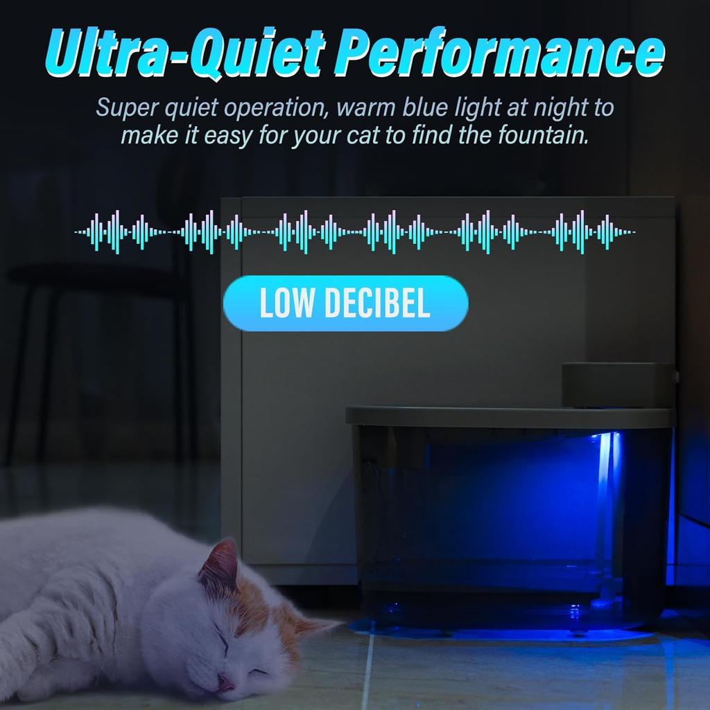 Cordless & Rechargeable Battery Operated Cat Water Fountain, Ultra Quiet Cordless Pet Drinking Fountain with Motion Sensor, 74oz/2.2L Automatic Cat