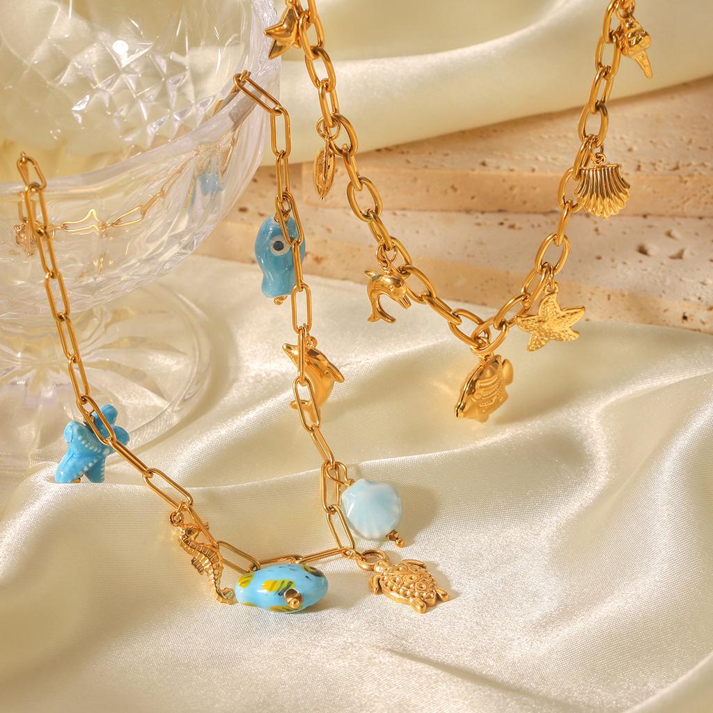 Ocean Themed Titanium Steel Necklace With Starfish Dolphin Seahorse Shell Pendant Choker Chain Women's Jewelry