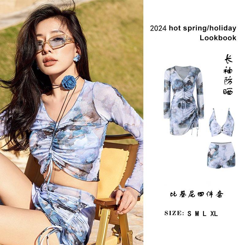 

Large Size Fat Mm Swimsuit Women s Bikini Four-piece Split Hot Slimming Beach Sexy Vacation Long-sleeved High-end Feeling XL светло-синий