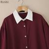 ZANZEA Women Casual Turn Down Collar Long Sleeve Loose Patchwork Blouse