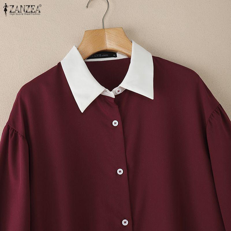 ZANZEA Women Casual Turn Down Collar Long Sleeve Loose Patchwork Blouse