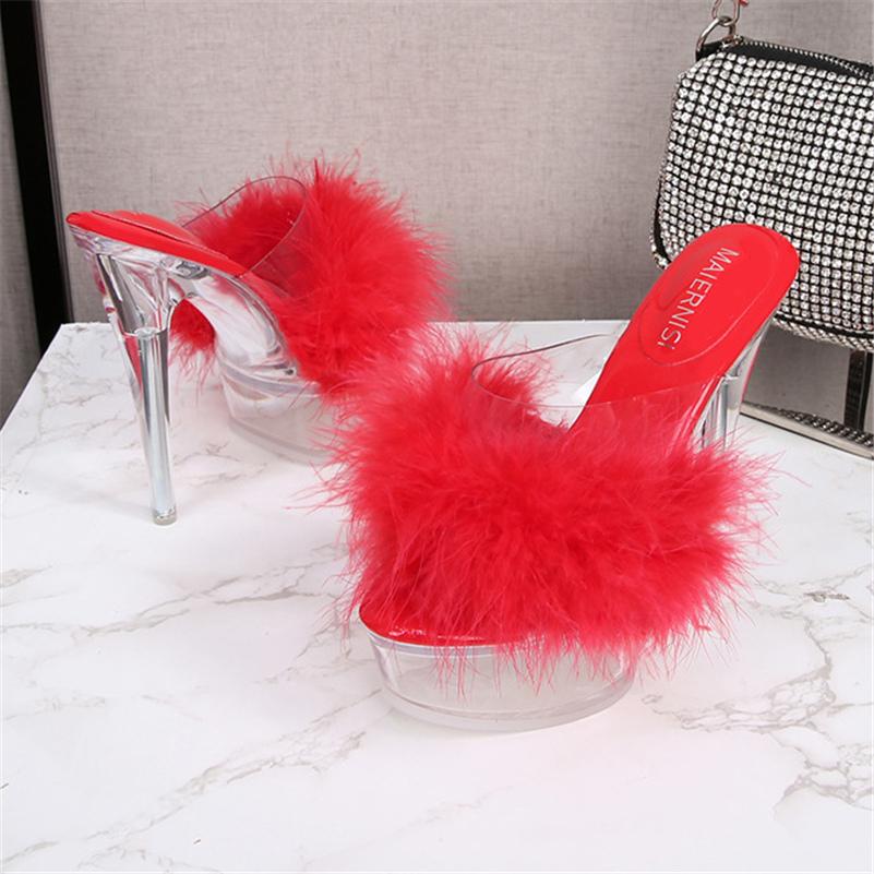 Women Summer 14cm High Heels 4cm Platform Slides Crystal Mules Lady Transparent Fur Slippers Extreme Clear Heels Sexy Shoes