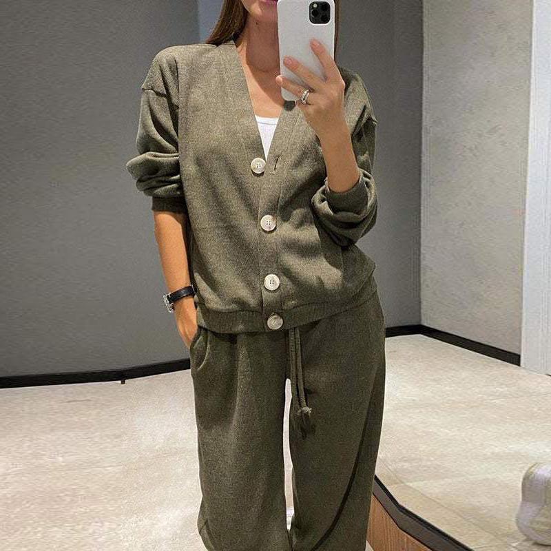 Women's Knitted Sports Suit Thickened Casual Set Striped Pullover + Pants 2-piece Set