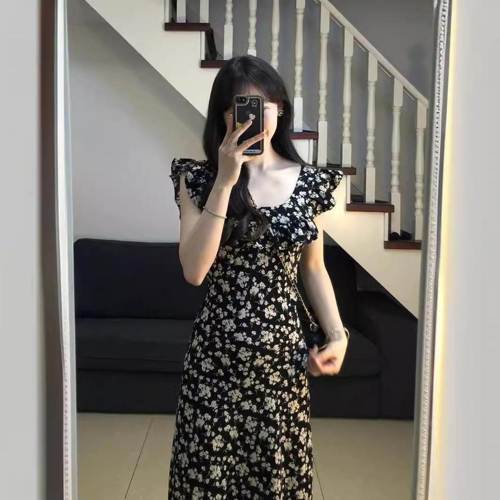 2025 Summer French Black Floral Waist-Slimming Long Dress for Women