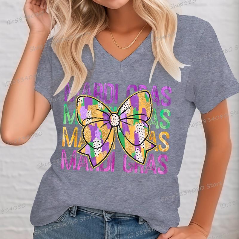 Mode Damen MardiGras T-Shirt Vintage New Orleans Karneval Schleife Shirt V-Ausschnitt Kurzarm Festival Party Tops Mardi Gras Tees