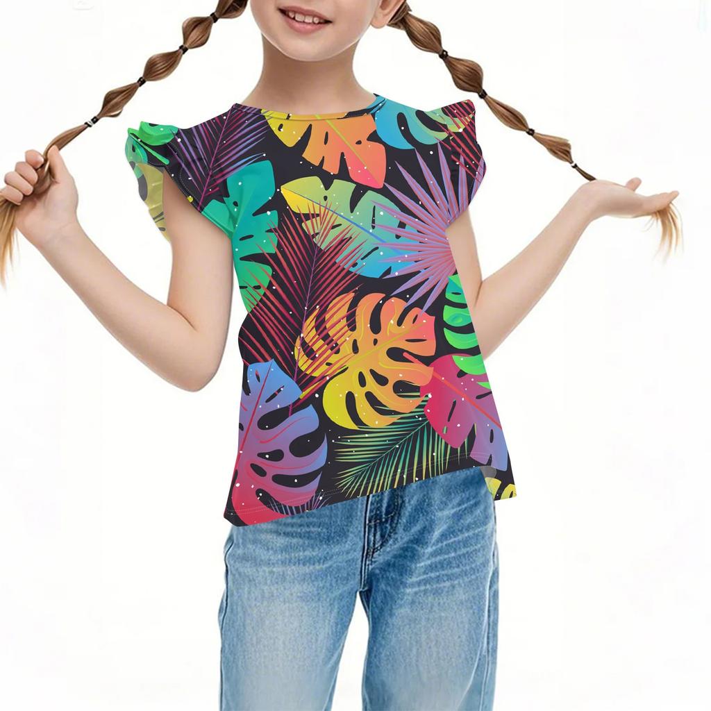 Children's Casual Short-Sleeved Pleated Cute Hawaiian Print Round-Neck Top