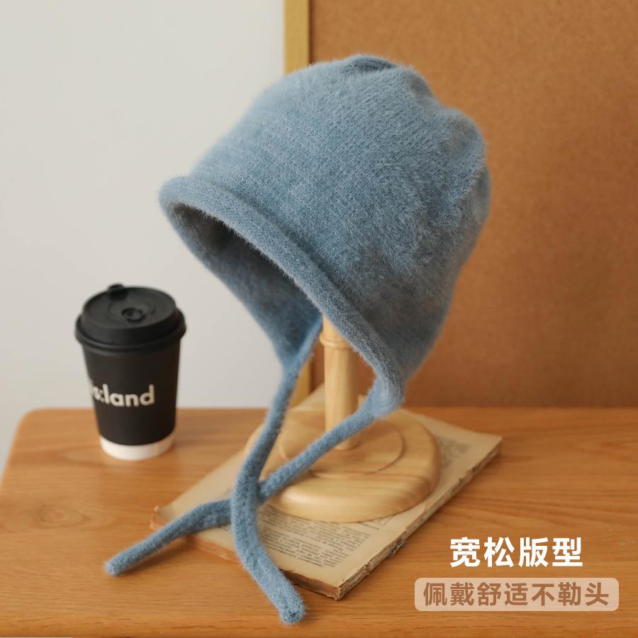 Face small wool hat women's autumn and winter warm plush knitted ear hat student sweet cute strap headcap