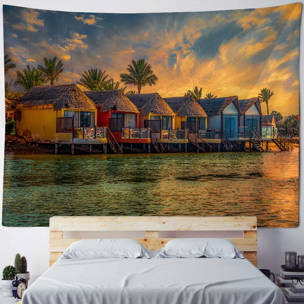 Sea View Tapestry, Bohemian Print Wall Hanging, Living Room, Bedroom Art Decoration, Beach, Sunset, Home Wall Decoration