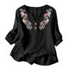 Damen Florale Stickerei Henley Knopfleiste Dreiviertelärmel Leinen Baumwolle Bluse Lässig Lockerer Schnitt Hemd