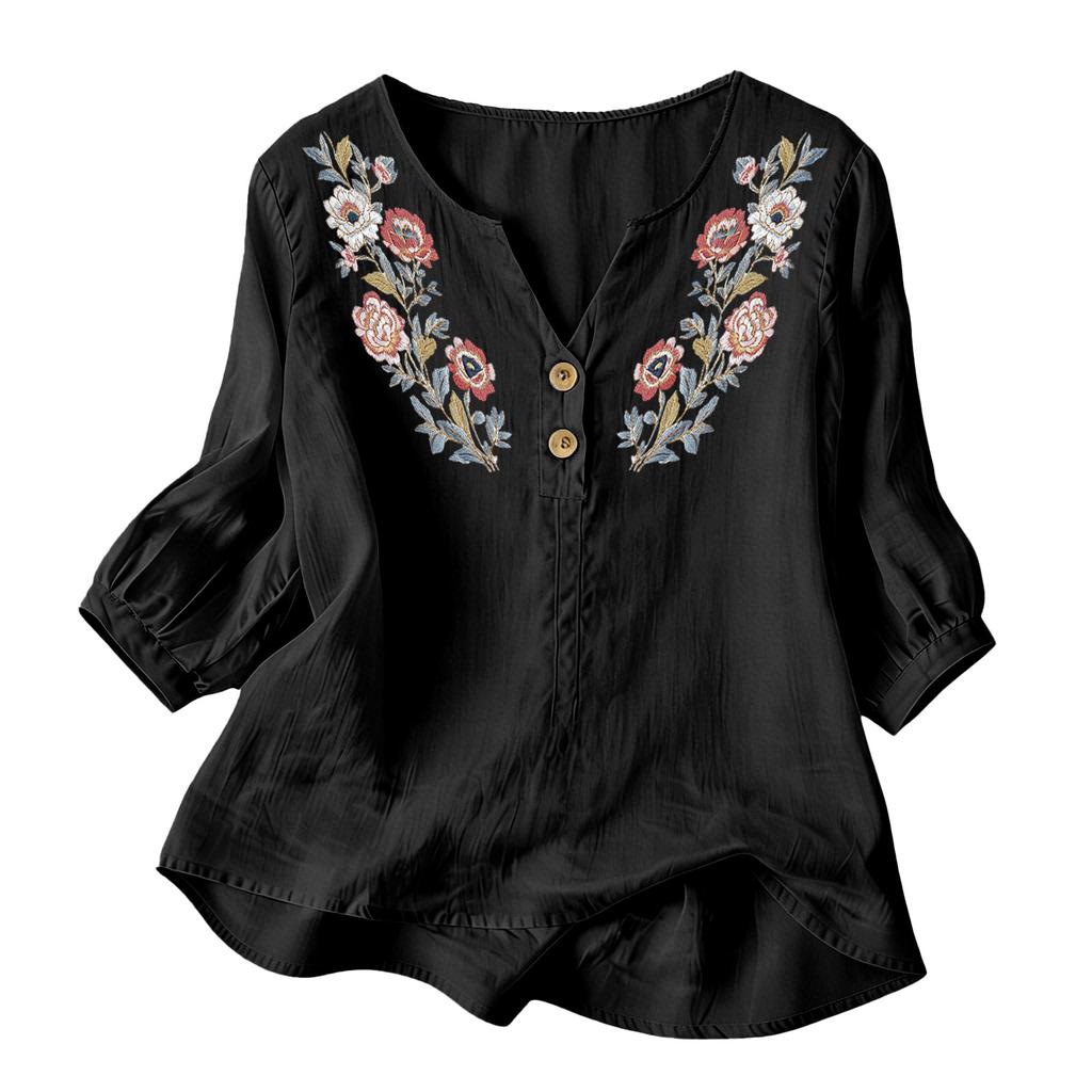 Damen Florale Stickerei Henley Knopfleiste Dreiviertelärmel Leinen Baumwolle Bluse Lässig Lockerer Schnitt Hemd