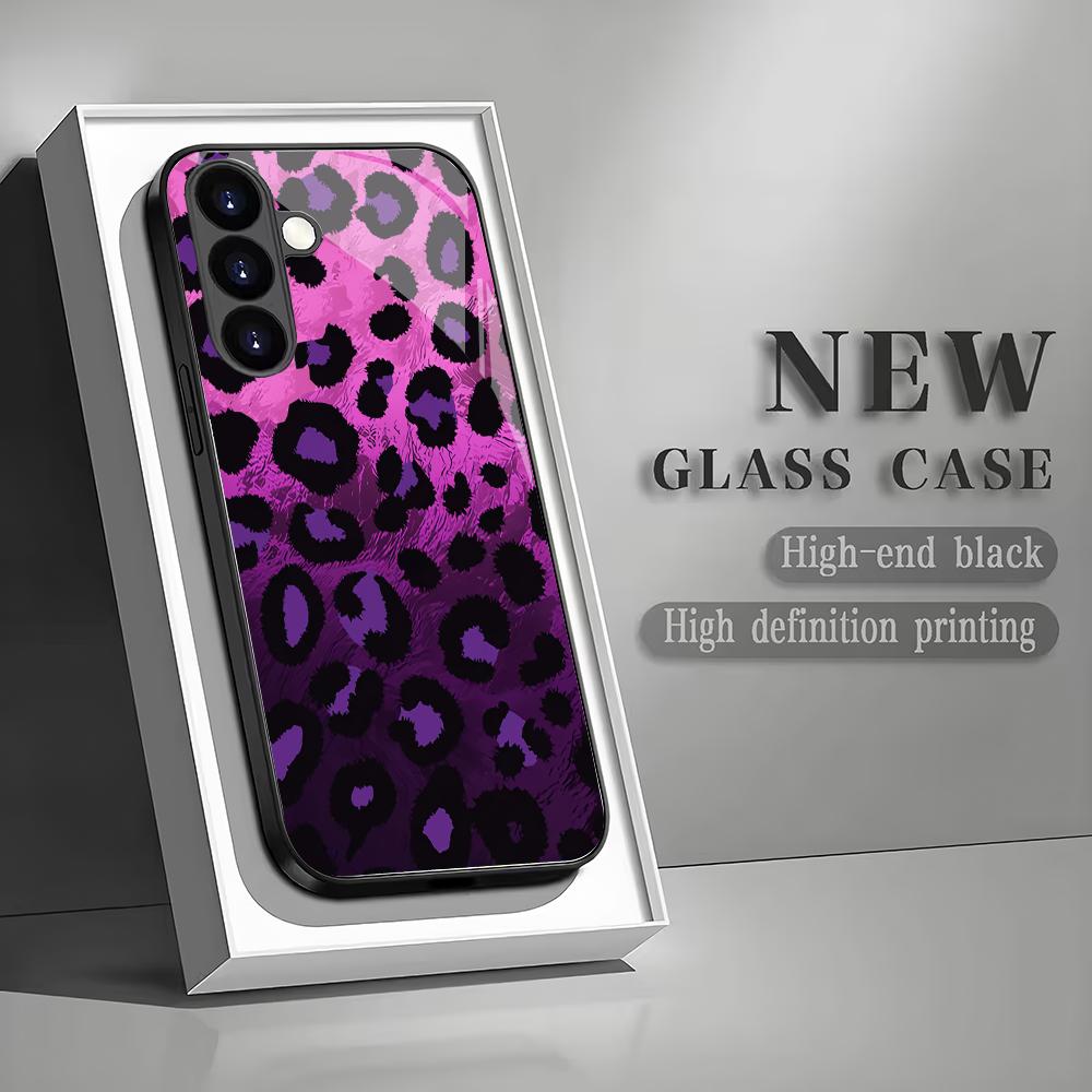 Purple Leopard Print Tempered Glass Phone Case Suitable for Samsung Galaxy S26 S25 S24 S22 S21 S20 FE/Ultra/Plus Shockproof