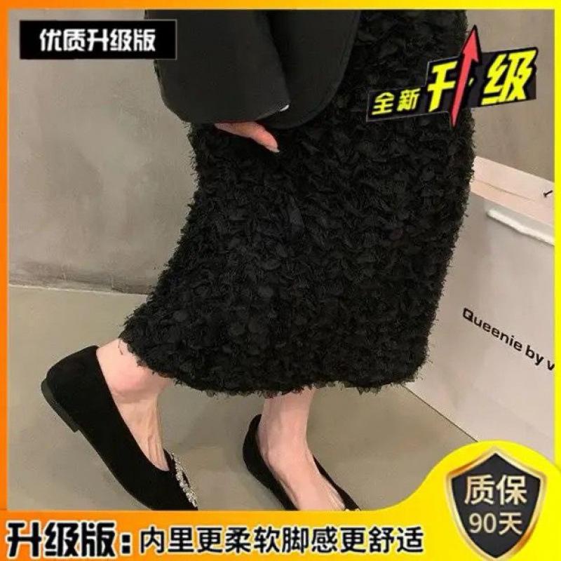 Flat Bottom Silver High-end Square Head Rhinestone Single Shoes Women's Shoes 2025 New Summer Black Commuter Beanie Shoes