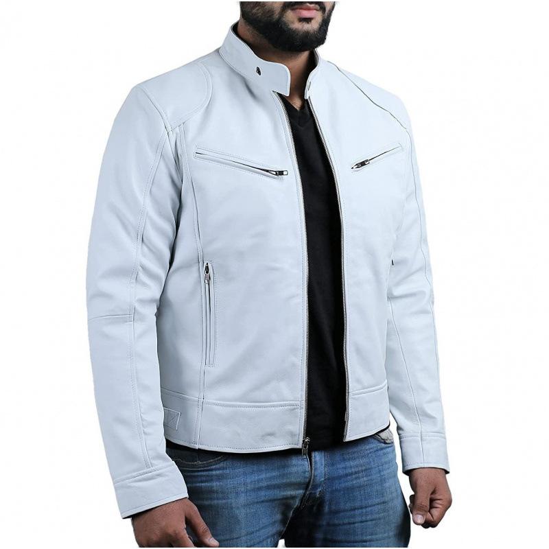 Men Stand Collar Punk Motorcycle Leather Jacket Casual Outerwear For Young Men