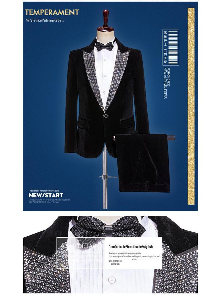 Pánský černý sametový pódiový oblek s klopou