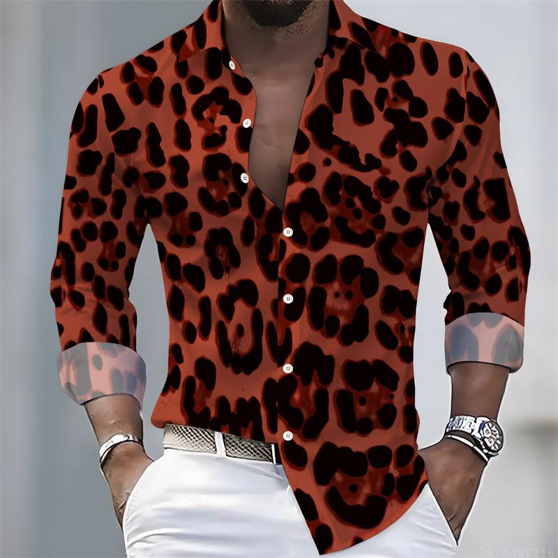 Men's Leopard Print Shirt Long Sleeve 3D Animal Pattern Button Down Spring Autumn Streetwear Tops