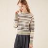 TUHUANG Women's Pure Wool Round Neck Color Block Stripe Sweater