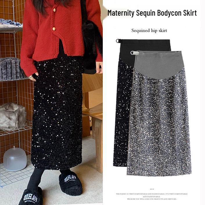 2025 Spring Black Shiny Sequin Velvet Maternity Long Skirt XL